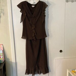 JBS Brown Polka Dot Ruffle V‑Neck Skirt Set size 12